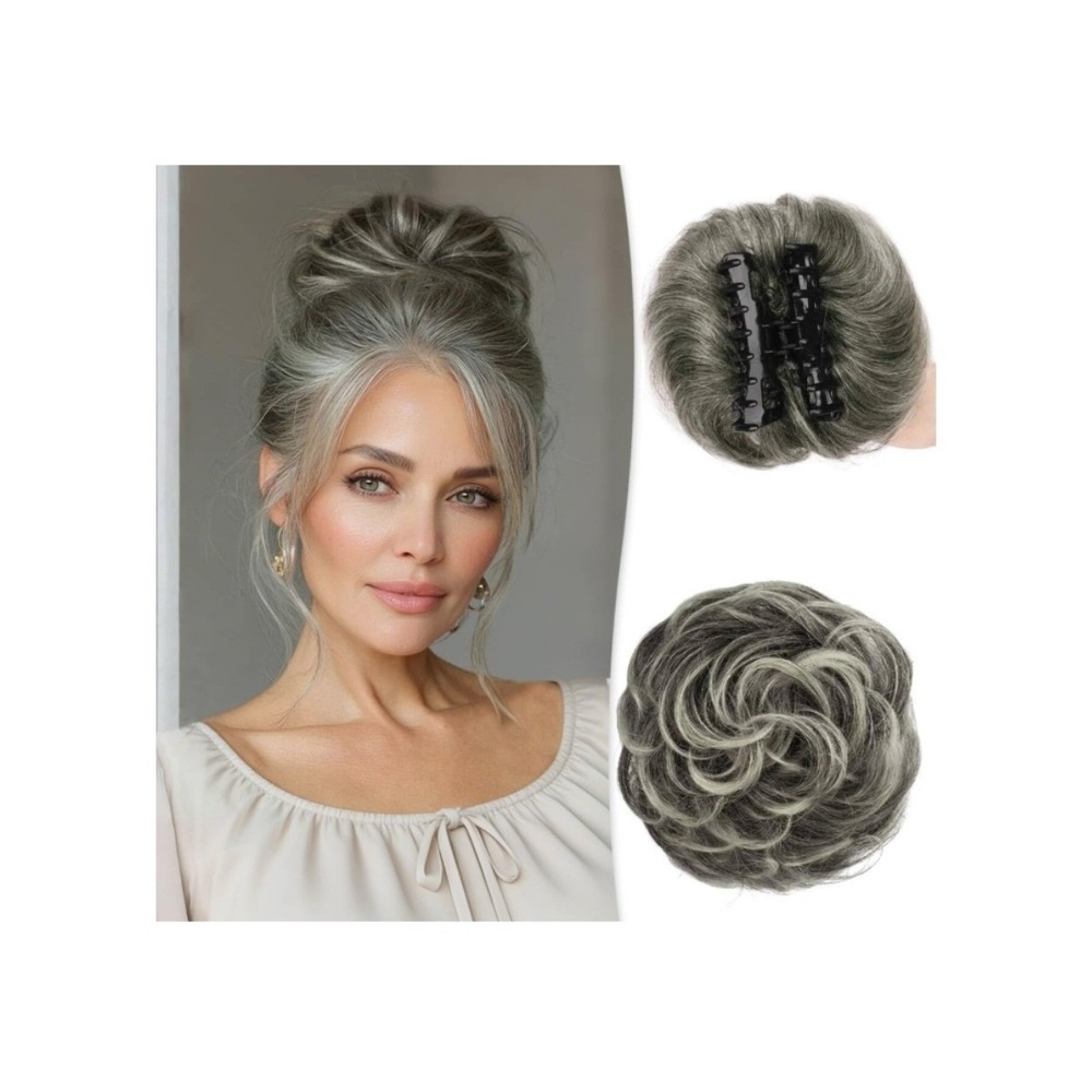 Large Messy Bun Hair Piece Claw Clip 100% Human Hair Wavy Chignon Gray (1B/62)
